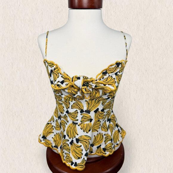 Farm Rio Anthropologie Banana Print Linen Cami Top Size XS Y2K Tropical Fruit - Picture 1 of 8